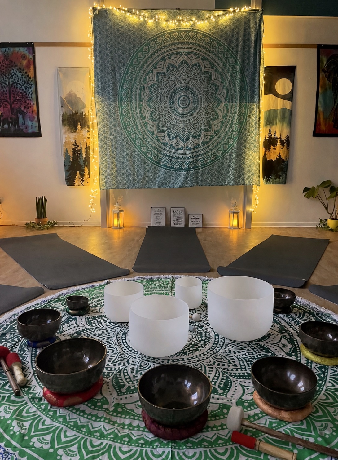 Klangschalen und vorbereitete Yogamatten als authentischer Einblick in die Themen des Blogs