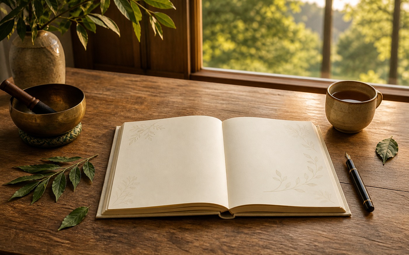 Offenes Notizbuch mit Stift, Klangschale und Blick ins Grüne