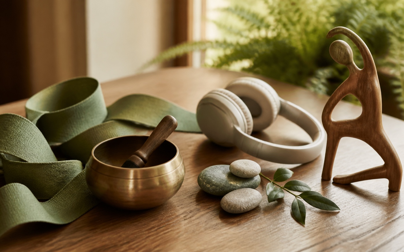 Singing bowl, headphones, natural materials and a movement figure representing varied inspiration