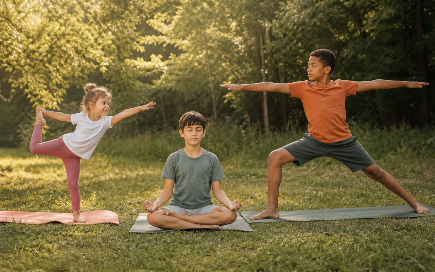 Three primary-school children of different ages practising meditation, a playful yoga posture and Warrior II
