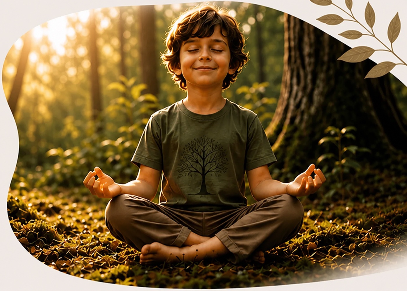 Child finding a quiet moment in a sunny forest